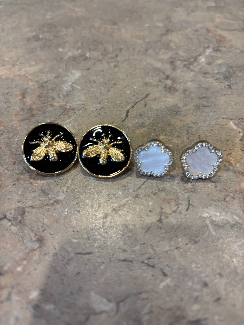 Gold Bee Black Enamel Studs & Mother-of-Pearl Clover Earrings